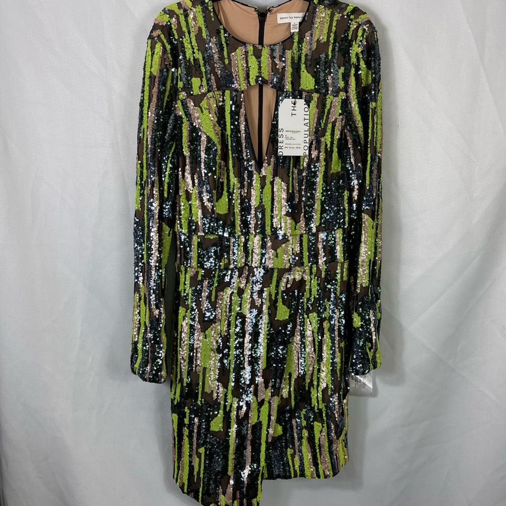 Dress the Population Sequin Long Sleeve Dress - Green and Black